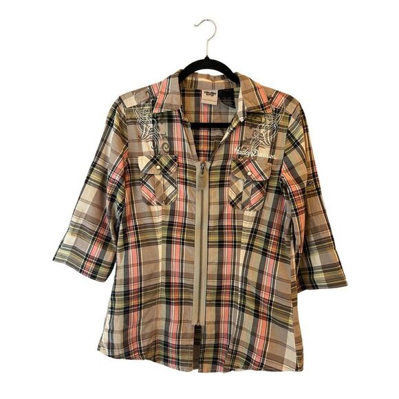 VTG Y2K Harley Davidson Madras Plaid Appliqué Full Zip Shirt Jacket sz M shacket - Picture 1 of 10